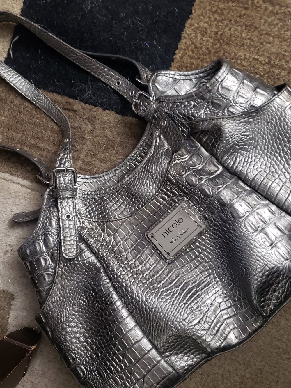 Nicole Miller Metallic Silver Croc-Embossed Shoulder Bag